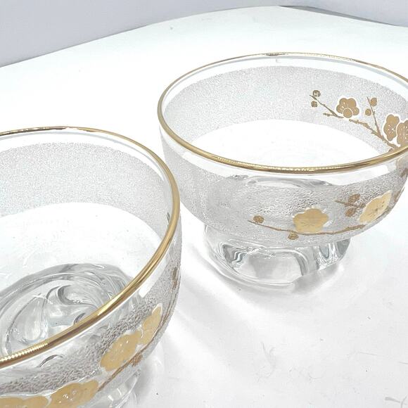 Floral Gold Leaf Etched Footed Lowball Glassware Retro Mid-Century Set of 2 - Picture 2 of 8
